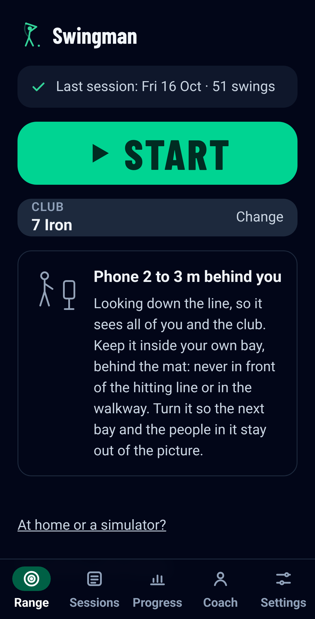 The range start screen: a big START button, the club, and where to put the phone
